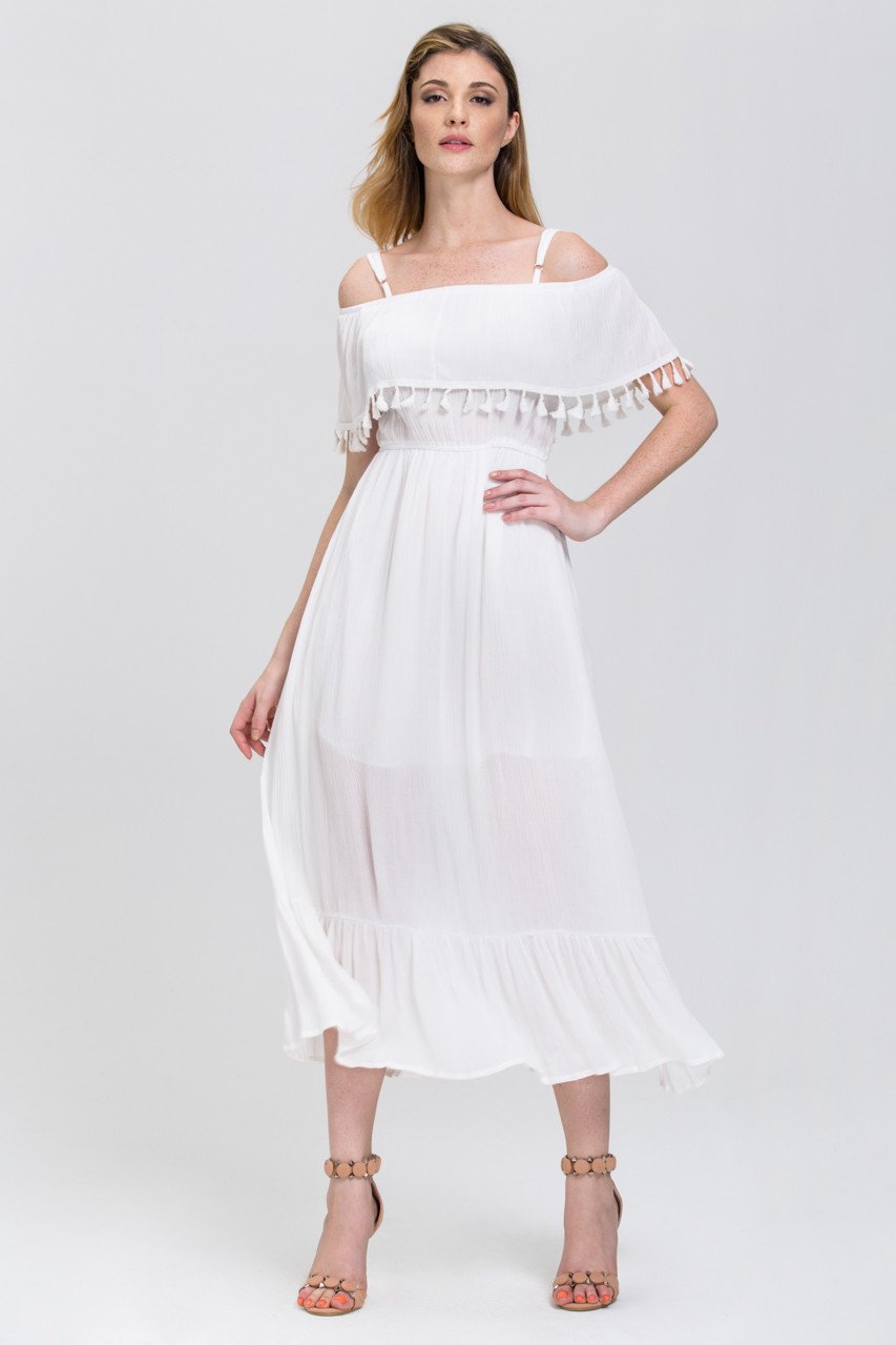 White Tassel Trim off the Shoulder Summer Maxi Dress White Tassel Trim off the Shoulder Summer Maxi Dress