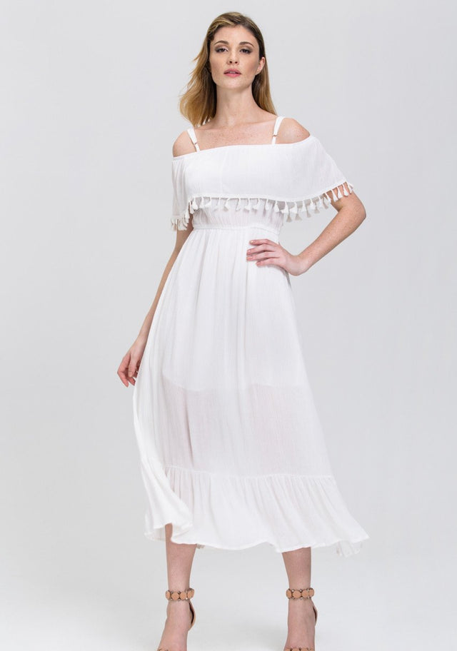 White Tassel Trim off the Shoulder Summer Maxi Dress