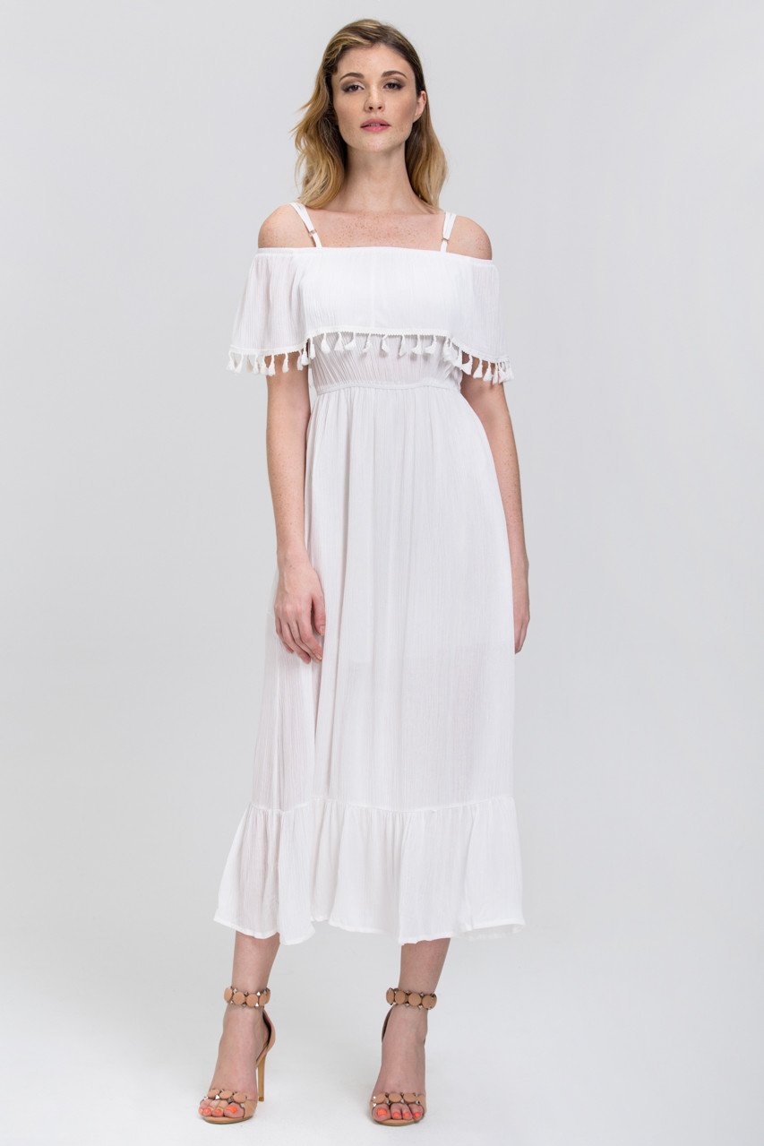 White Tassel Trim off the Shoulder Summer Maxi Dress White Tassel Trim off the Shoulder Summer Maxi Dress