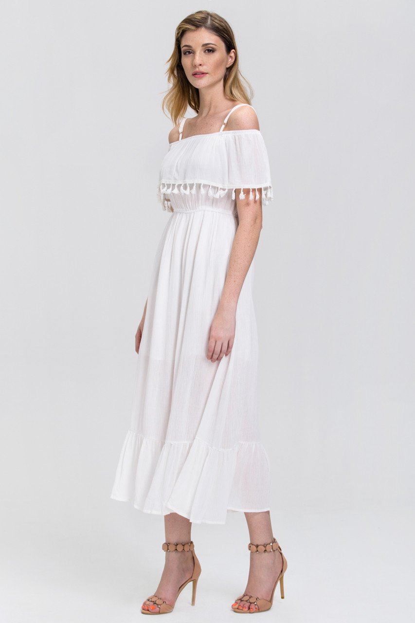 White Tassel Trim off the Shoulder Summer Maxi Dress White Tassel Trim off the Shoulder Summer Maxi Dress