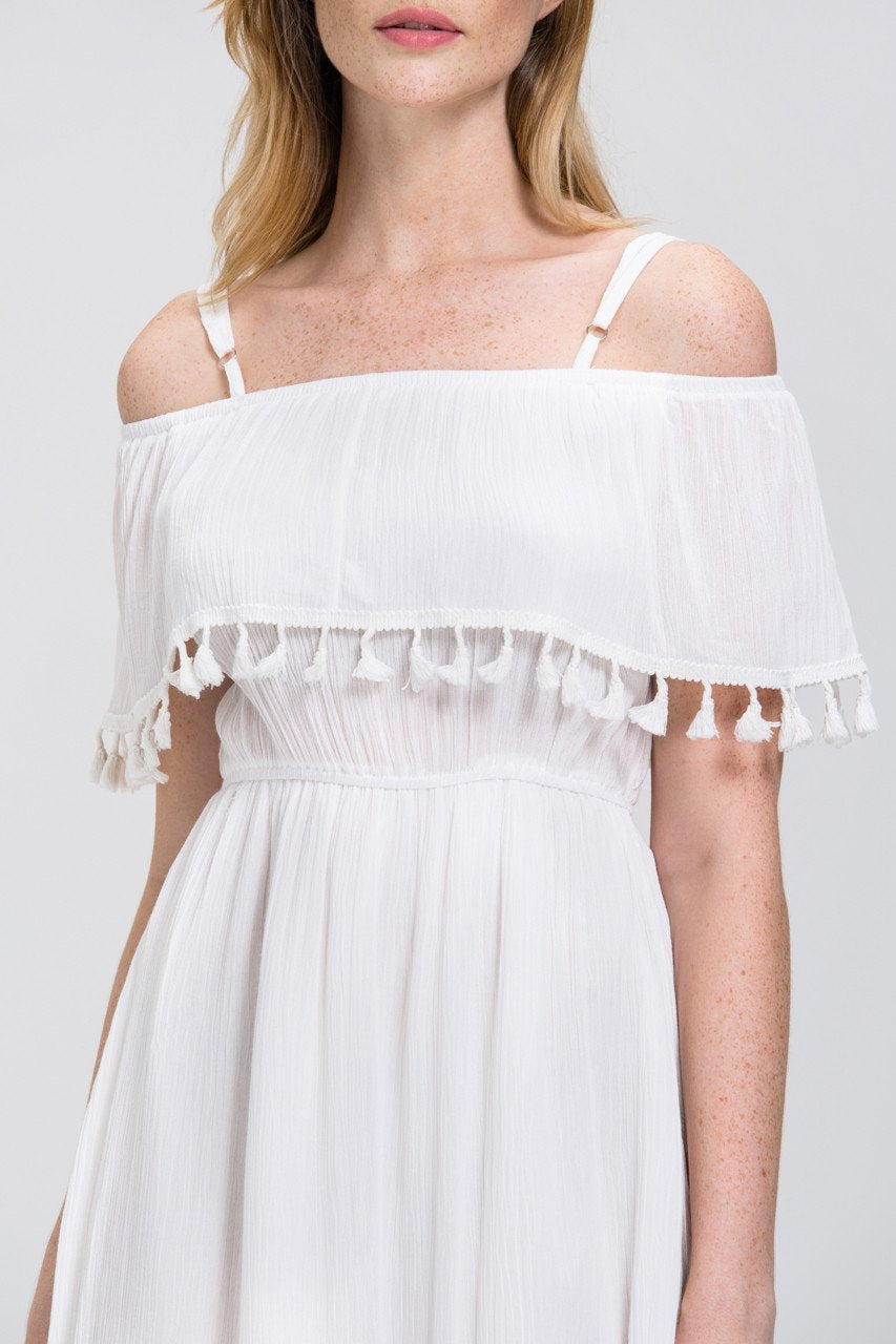 White Tassel Trim off the Shoulder Summer Maxi Dress White Tassel Trim off the Shoulder Summer Maxi Dress