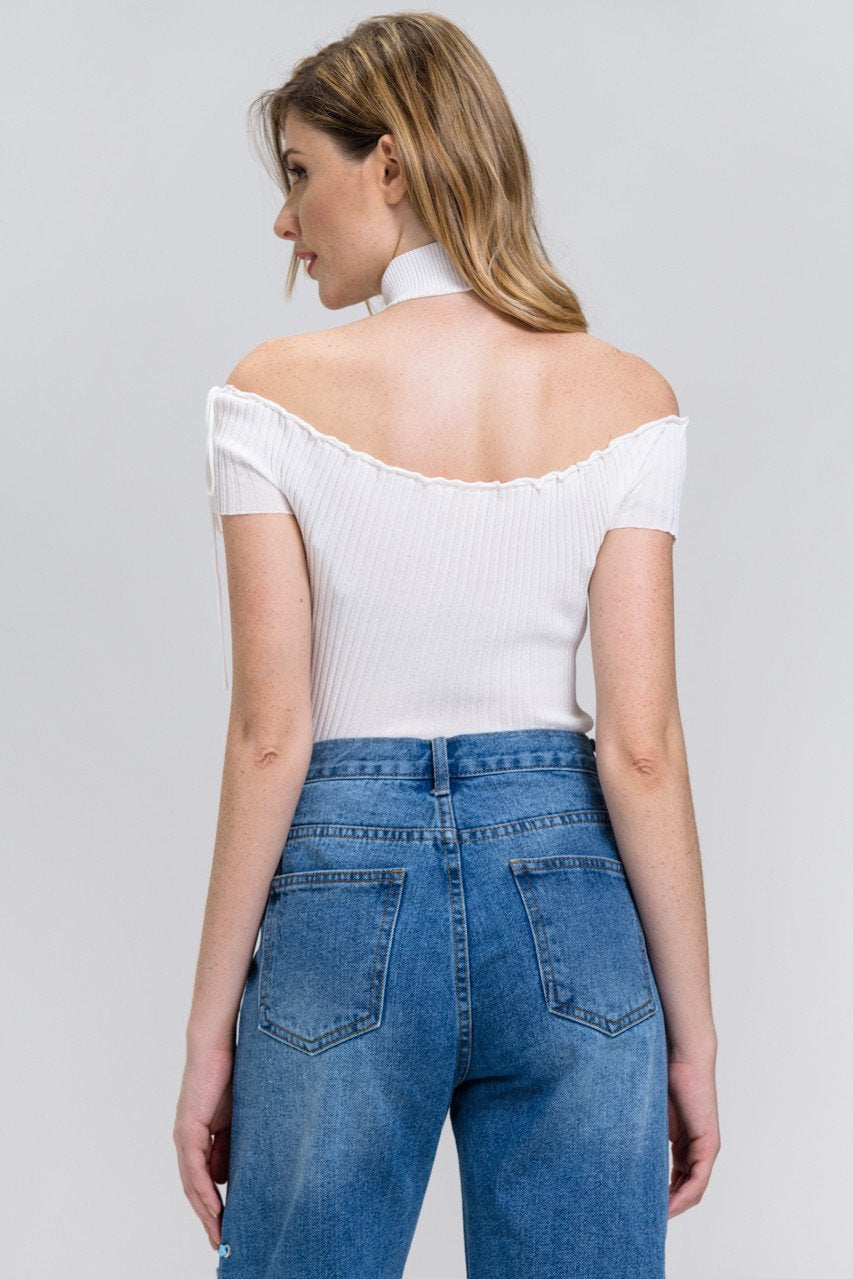 Rania Fawaz - White Off the Shoulder Bodycon Choker Top Rania Fawaz - White Off the Shoulder Bodycon Choker Top