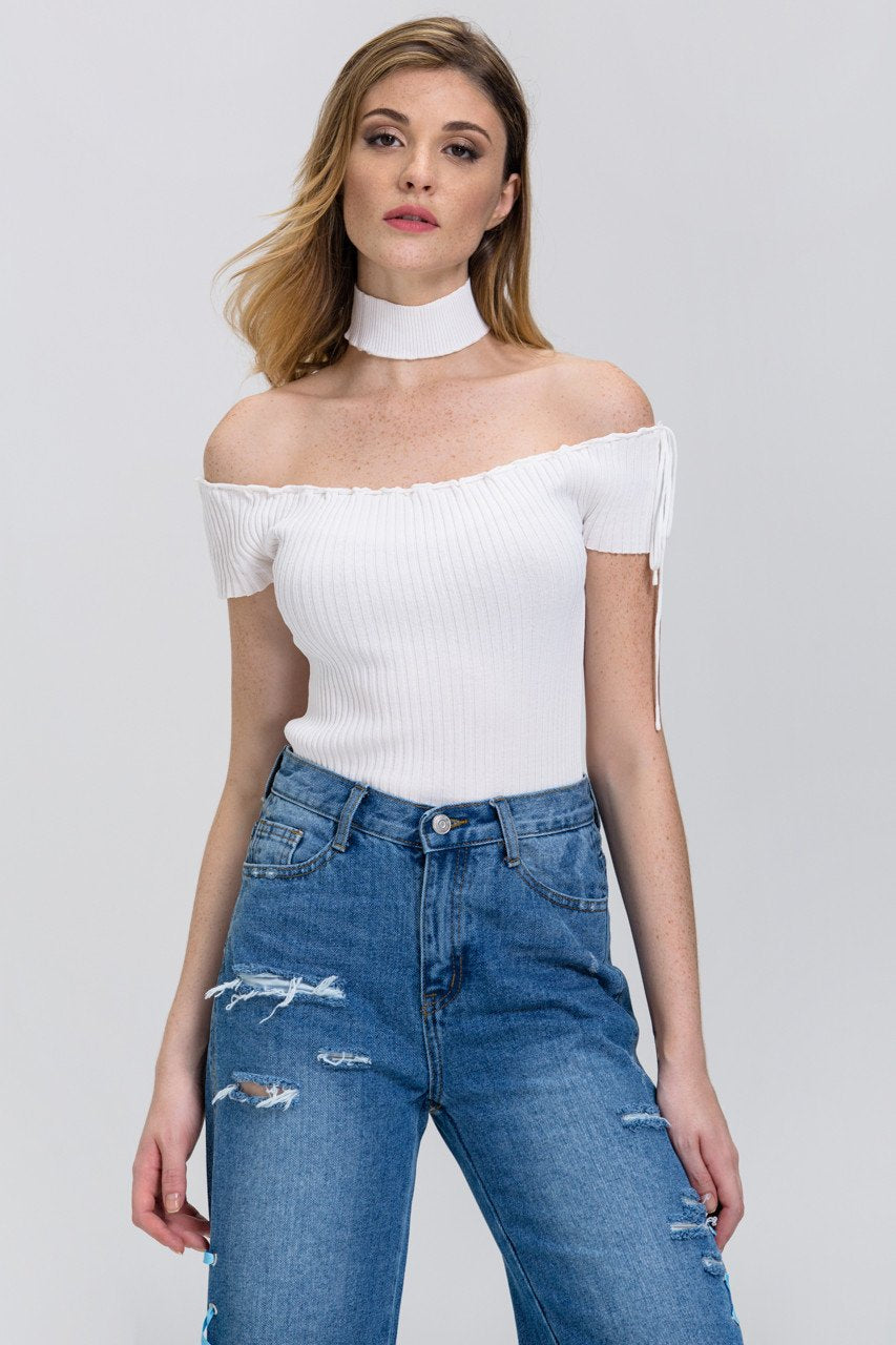Rania Fawaz - White Off the Shoulder Bodycon Choker Top Rania Fawaz - White Off the Shoulder Bodycon Choker Top