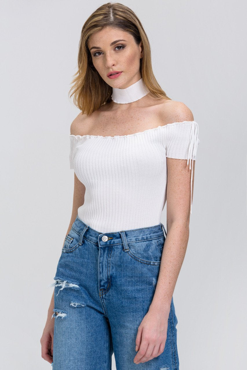 Rania Fawaz - White Off the Shoulder Bodycon Choker Top Rania Fawaz - White Off the Shoulder Bodycon Choker Top