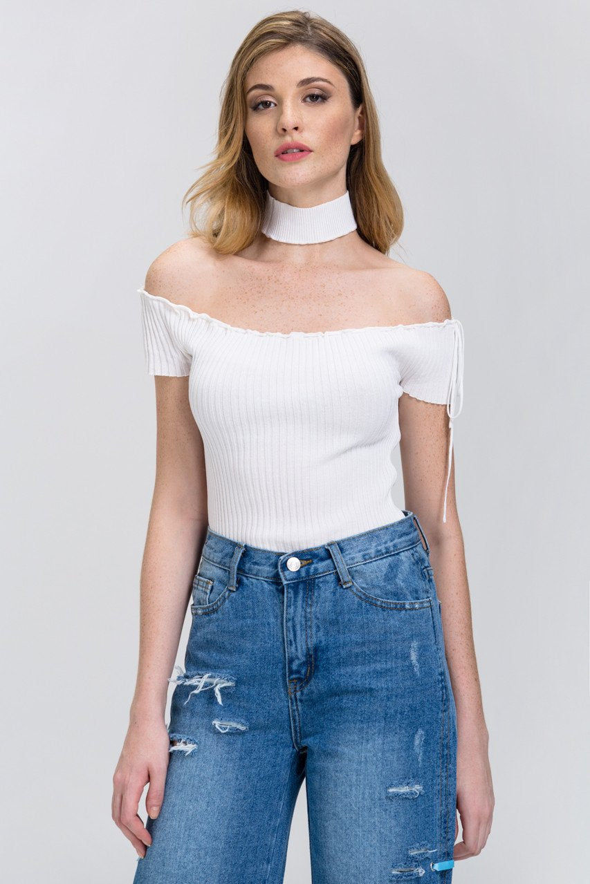 Rania Fawaz - White Off the Shoulder Bodycon Choker Top Rania Fawaz - White Off the Shoulder Bodycon Choker Top