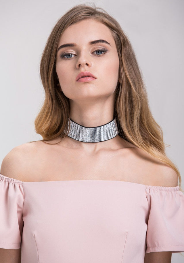 Wide Crystal Embellished Choker Necklace
