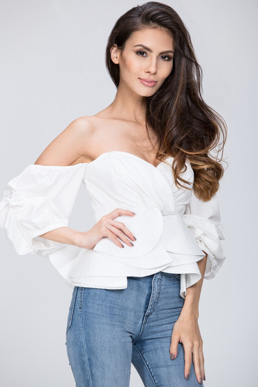 White Off the Shoulder Love Me Too Top