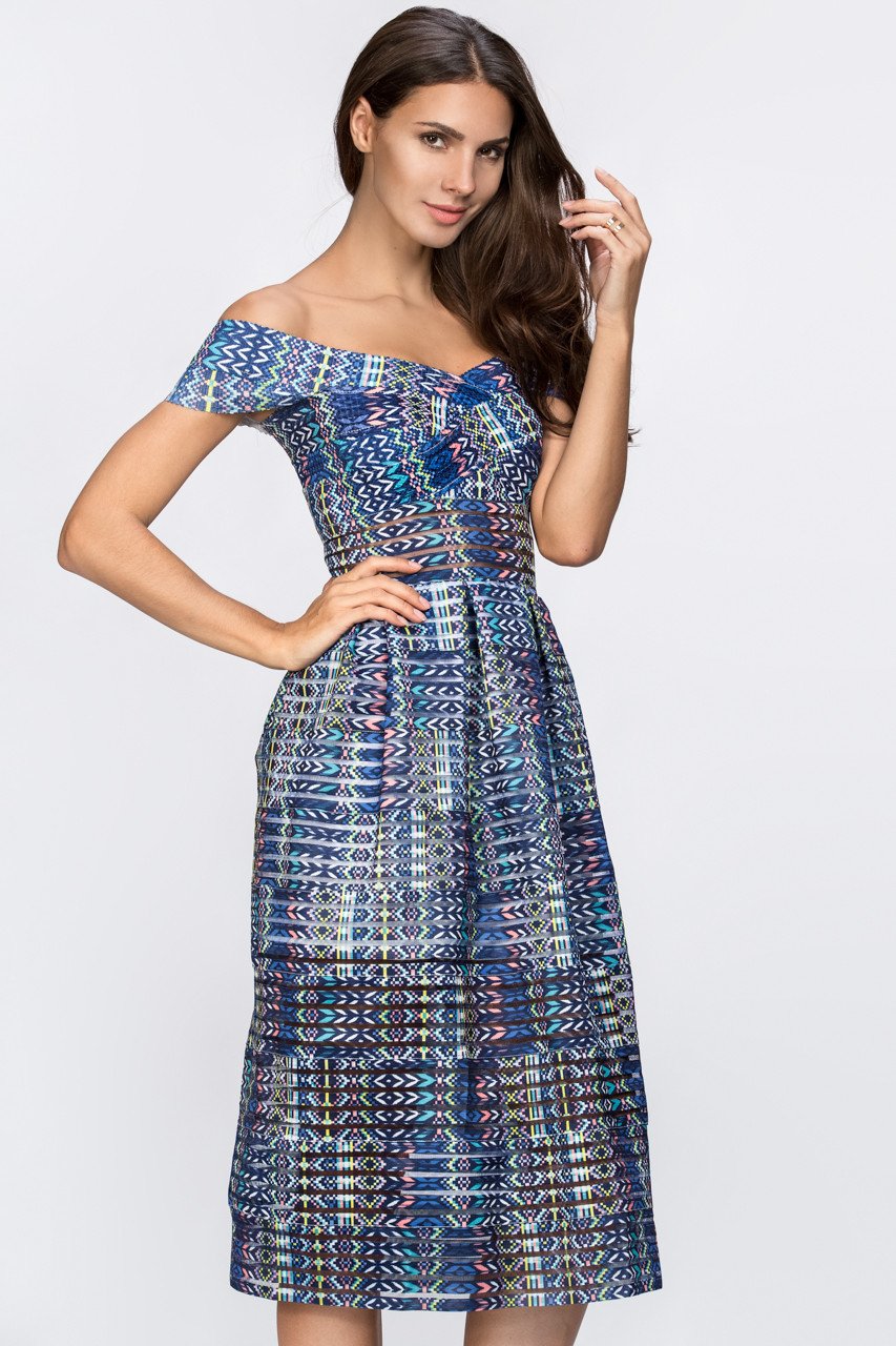 Blue Pattern Off the Shoulder Midi Dress