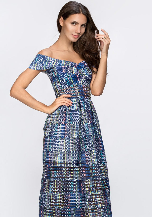 Blue Pattern Off the Shoulder Midi Dress