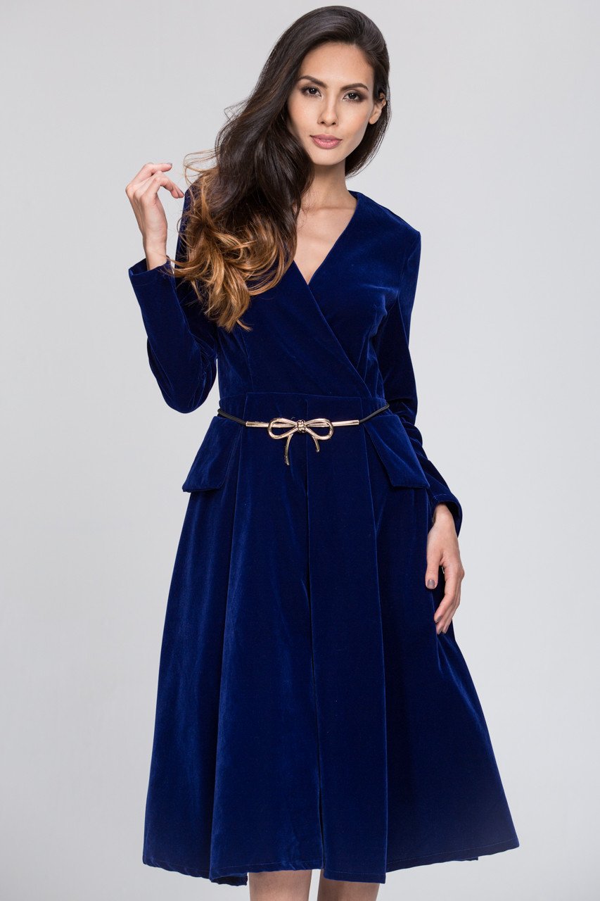 Electric Blue Velvet Dress with Gold Bow Ribbon Belt
