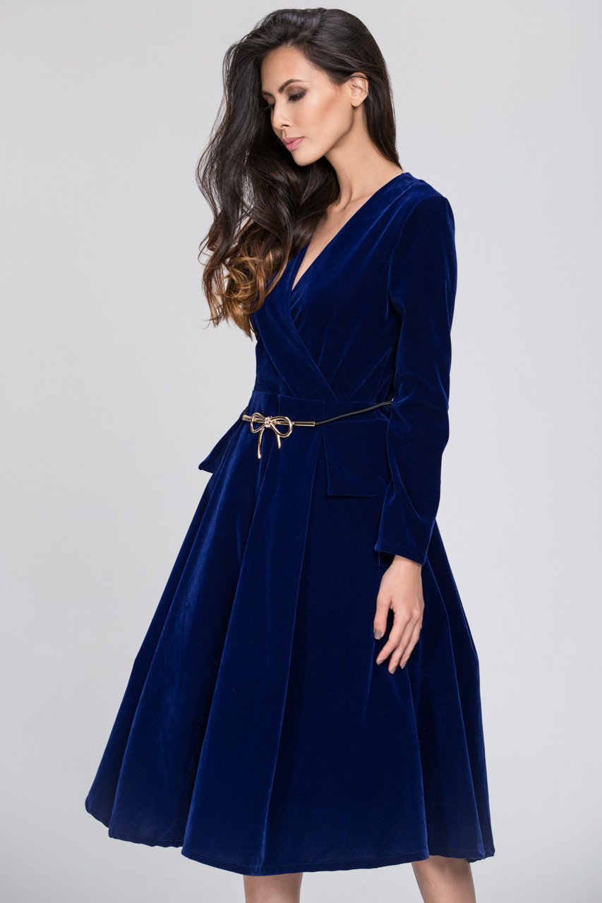 Electric Blue Velvet Dress with Gold Bow Ribbon Belt