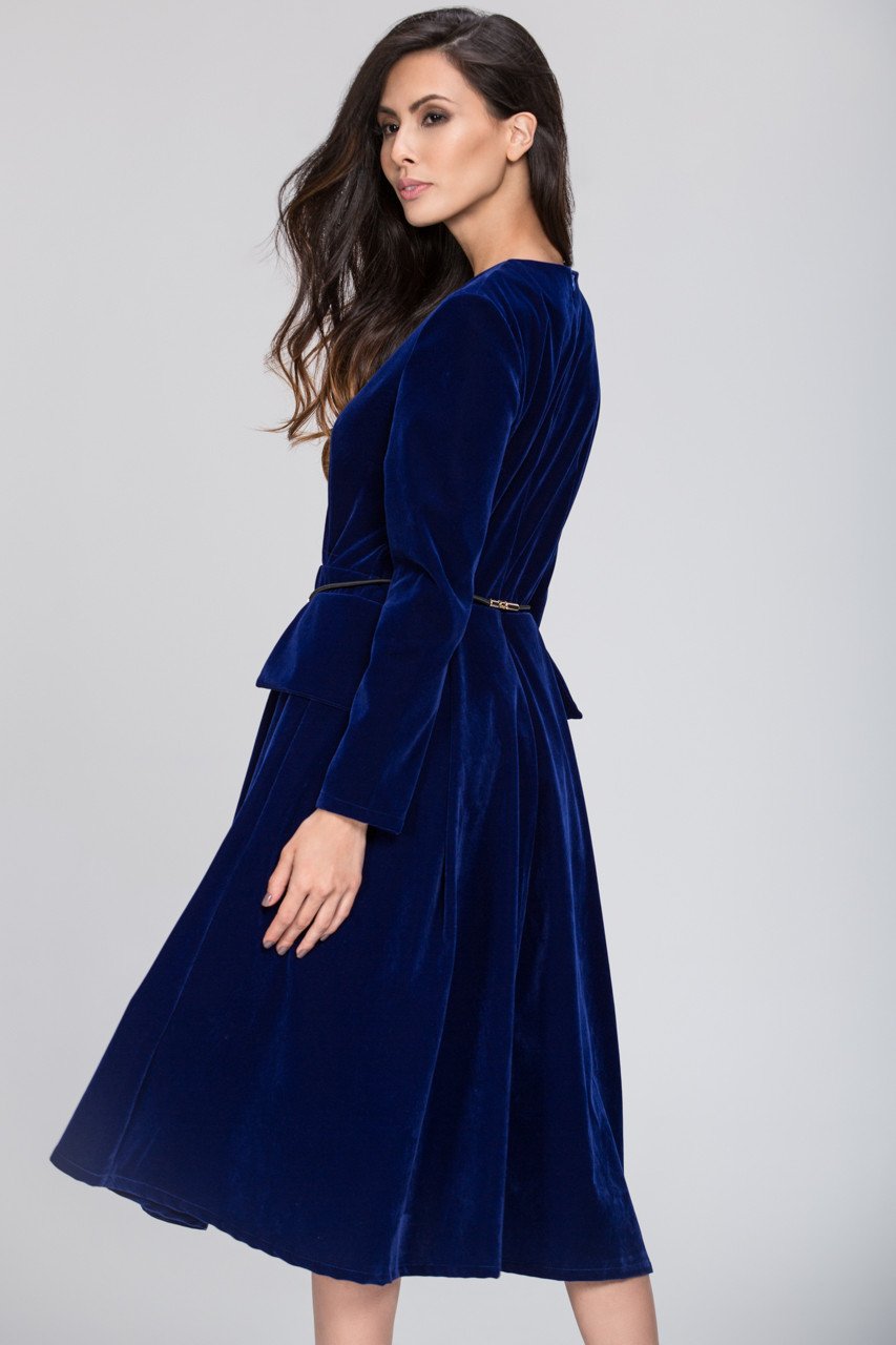 Electric Blue Velvet Dress with Gold Bow Ribbon Belt