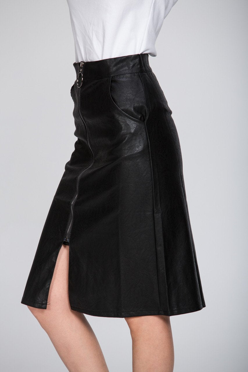 Zip Line Faux Leather Skirt