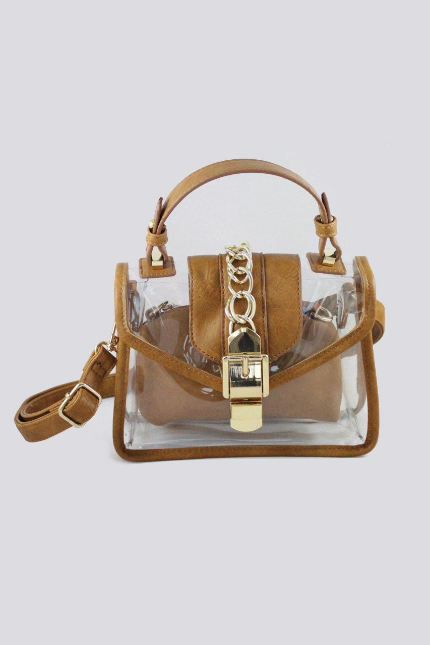 Brown Trim Chain Transparent Handbag