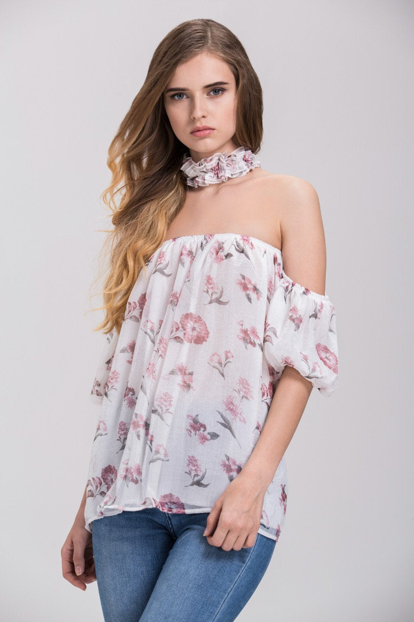 TheHala - Floral Ruffled Choker Off the Shoulder Top