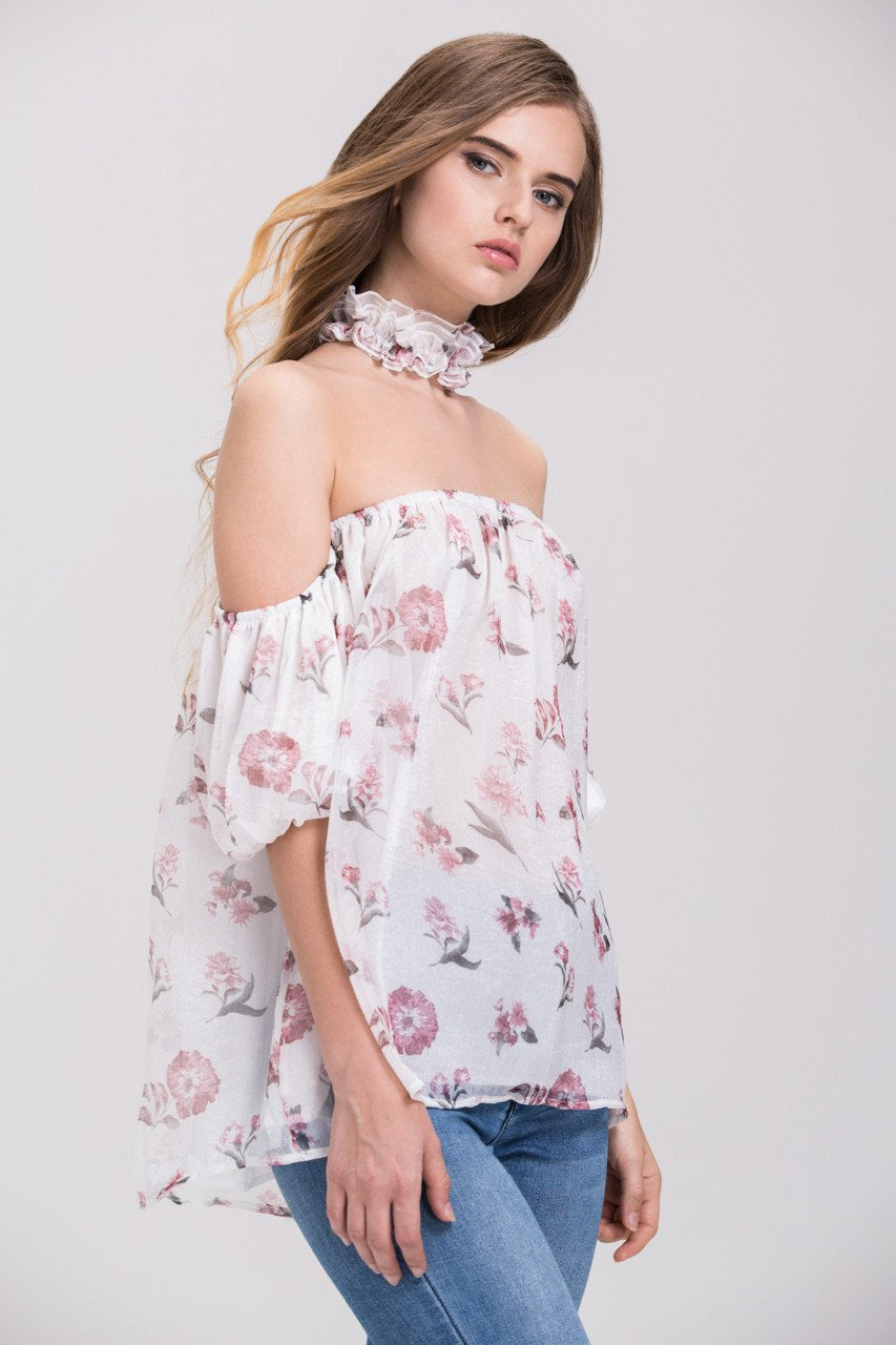 TheHala - Floral Ruffled Choker Off the Shoulder Top