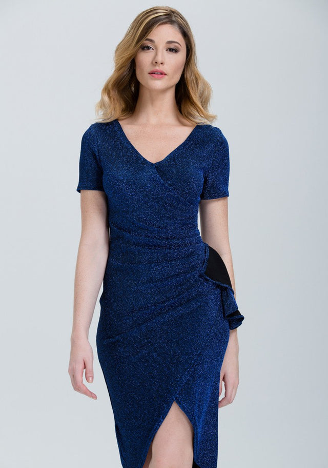 Midnight Blue Sparkle Overlap Pencil Midi Dress