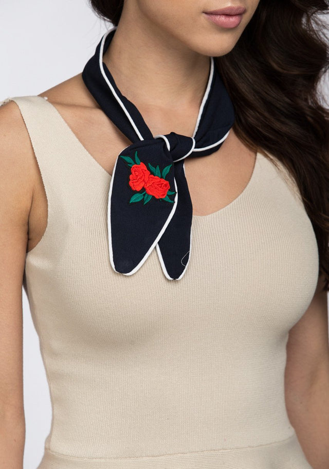 Rose Embroidred Blue Neck Scarf