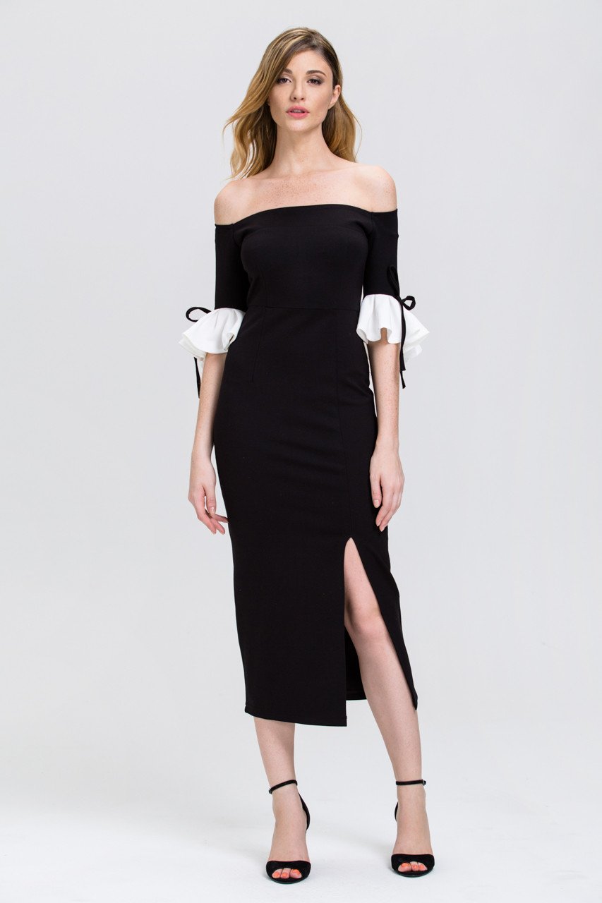 Black and White Bell Sleeve Midi Dress