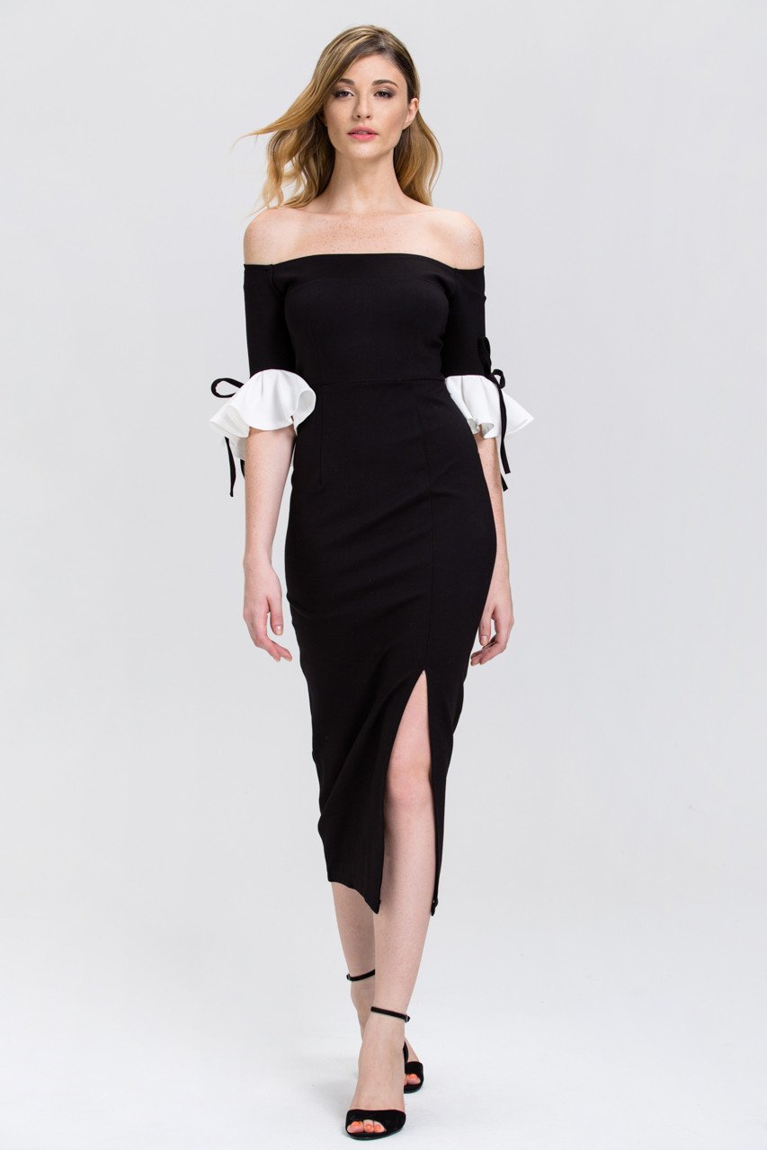 Black and White Bell Sleeve Midi Dress