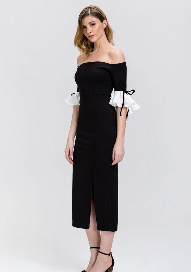 Black and White Bell Sleeve Midi Dress