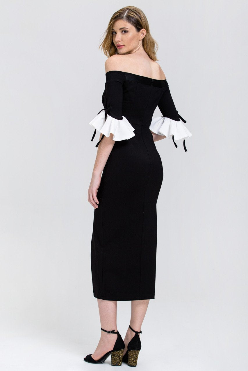 Black and White Bell Sleeve Midi Dress