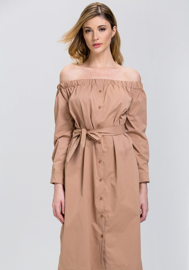 Rawan Bin Hussain - Mocha Sleeved Off the Shoulder Button Down Midi Dress