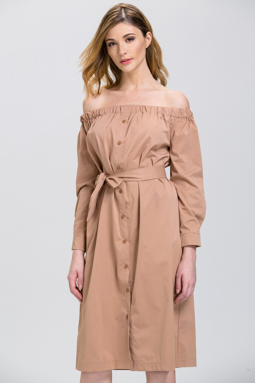 Rawan Bin Hussain - Mocha Sleeved Off the Shoulder Button Down Midi Dress