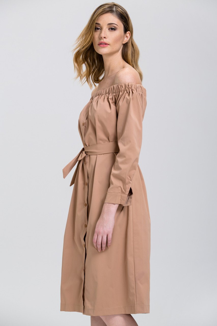 Rawan Bin Hussain - Mocha Sleeved Off the Shoulder Button Down Midi Dress