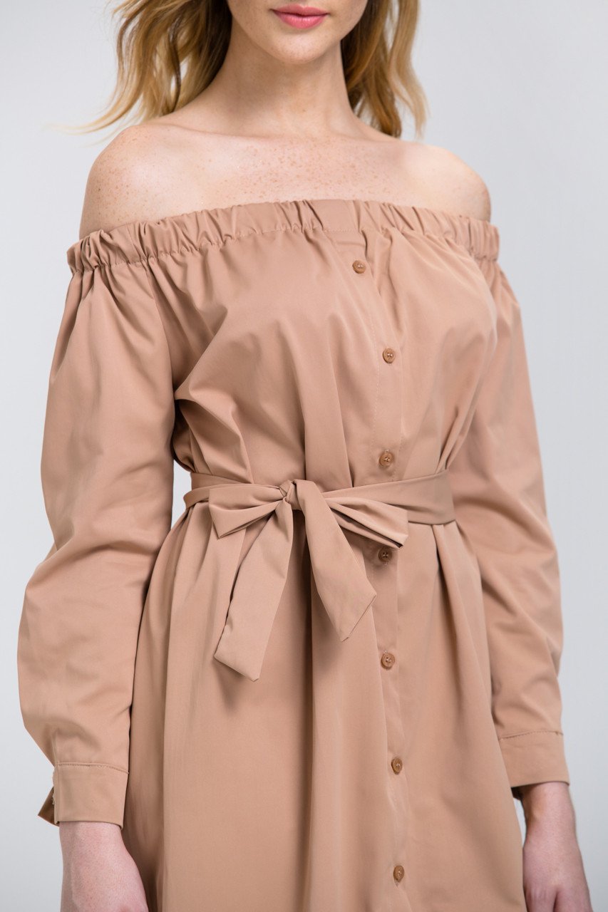 Rawan Bin Hussain - Mocha Sleeved Off the Shoulder Button Down Midi Dress