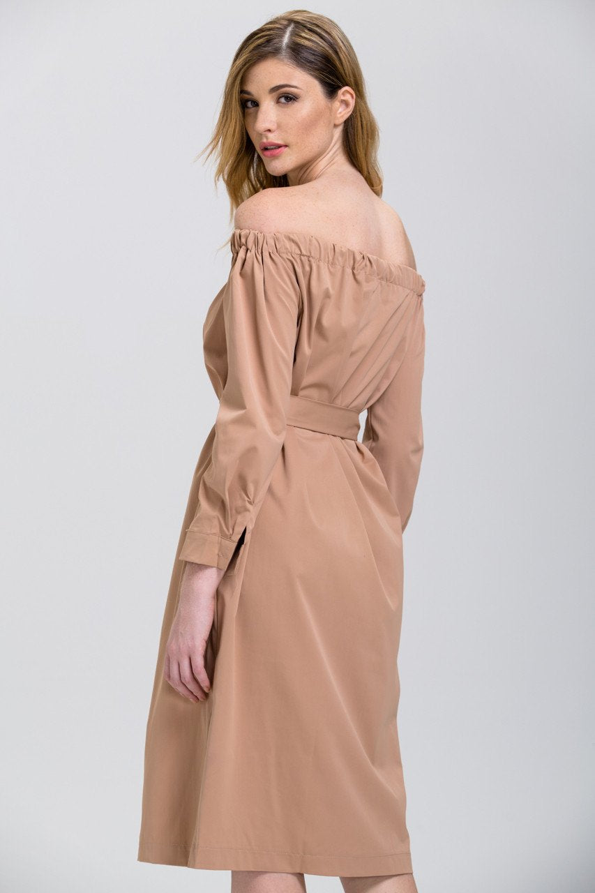 Rawan Bin Hussain - Mocha Sleeved Off the Shoulder Button Down Midi Dress