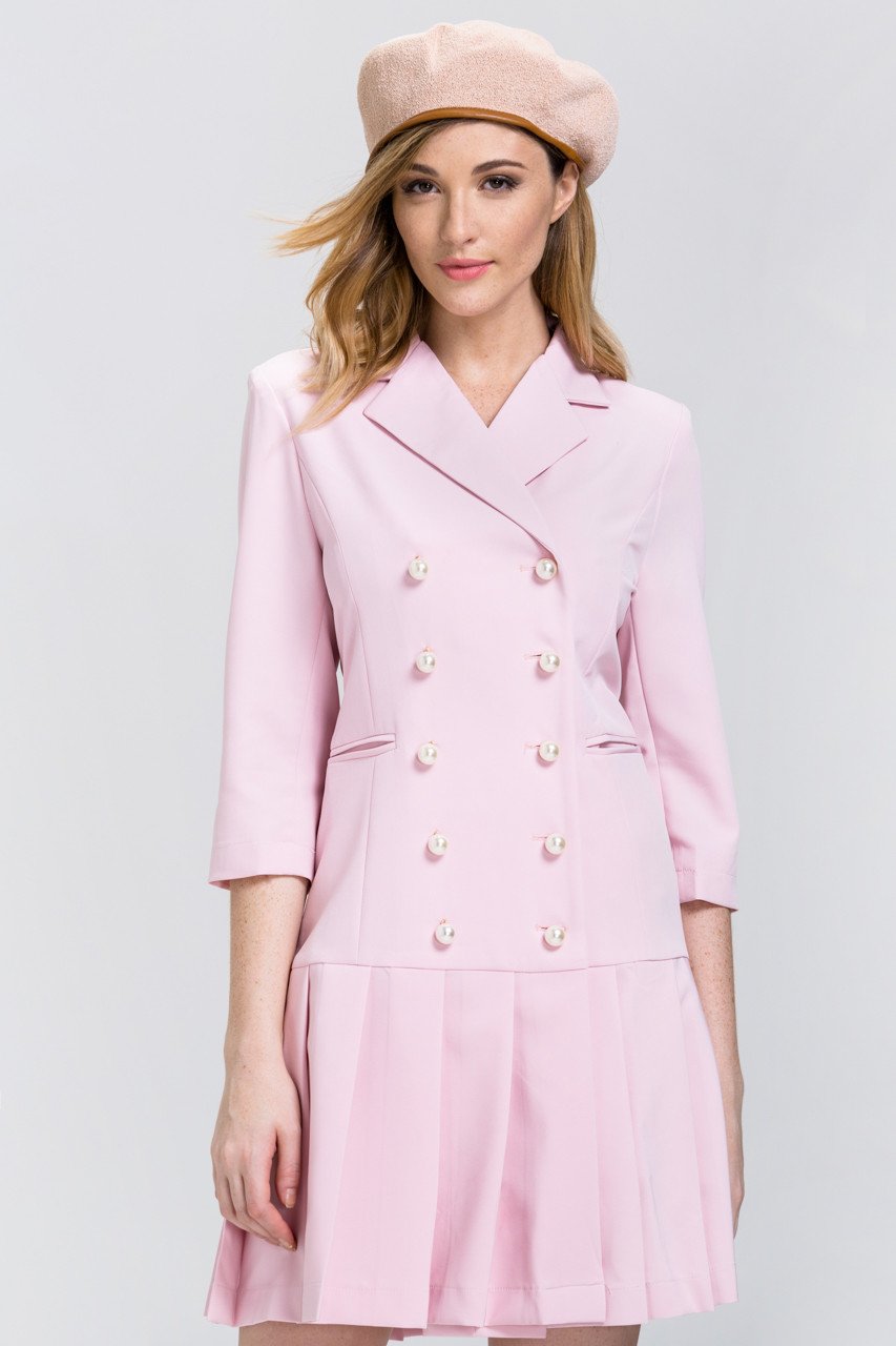 Fatma Husam - Pink Pearl Button Pleated Skirt Blazer Dress