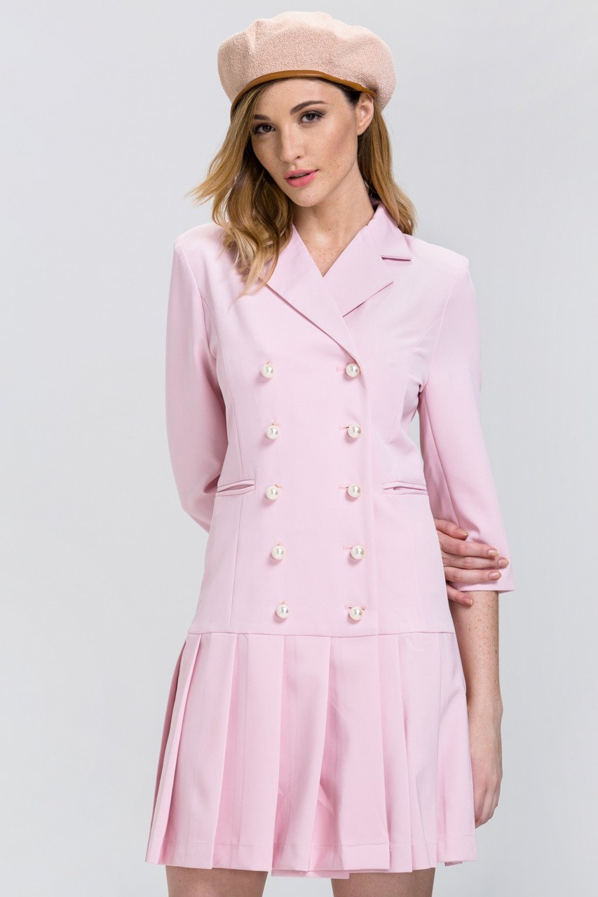 Fatma Husam - Pink Pearl Button Pleated Skirt Blazer Dress