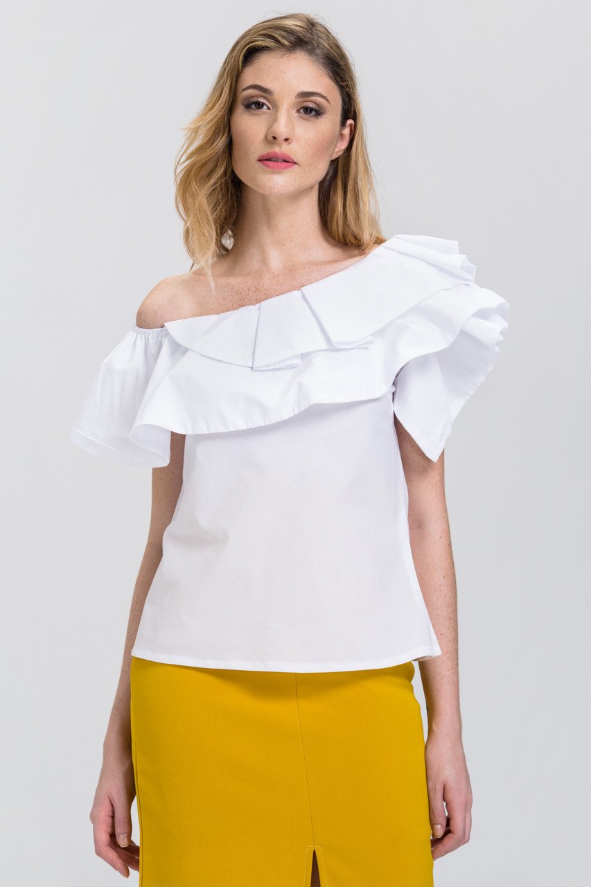 White One-Shoulder Ruffle Tiered Top