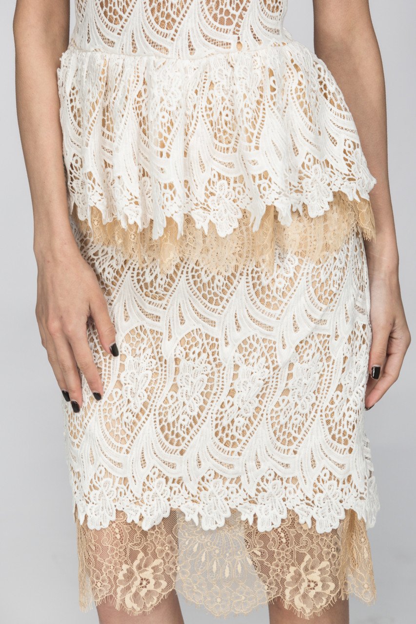 White Lace Scalloped Peplum Midi Dress