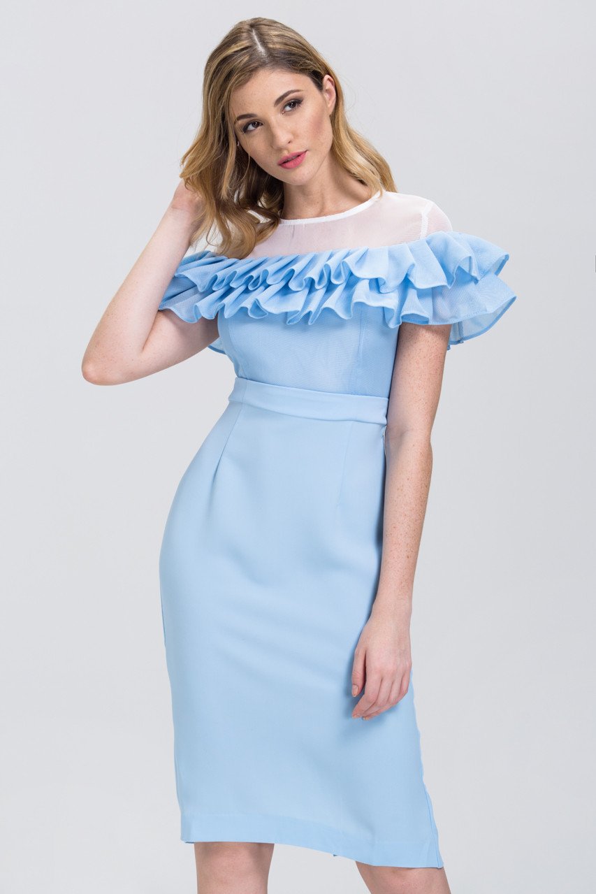 Fatima Almomen - Baby Blue Mesh Yoke Ruffled Midi Dress