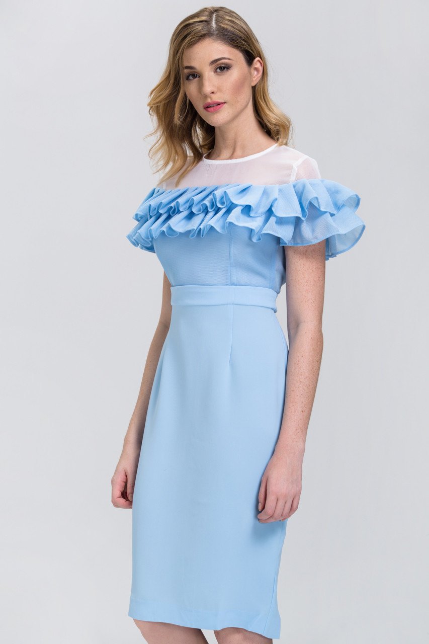 Fatima Almomen - Baby Blue Mesh Yoke Ruffled Midi Dress