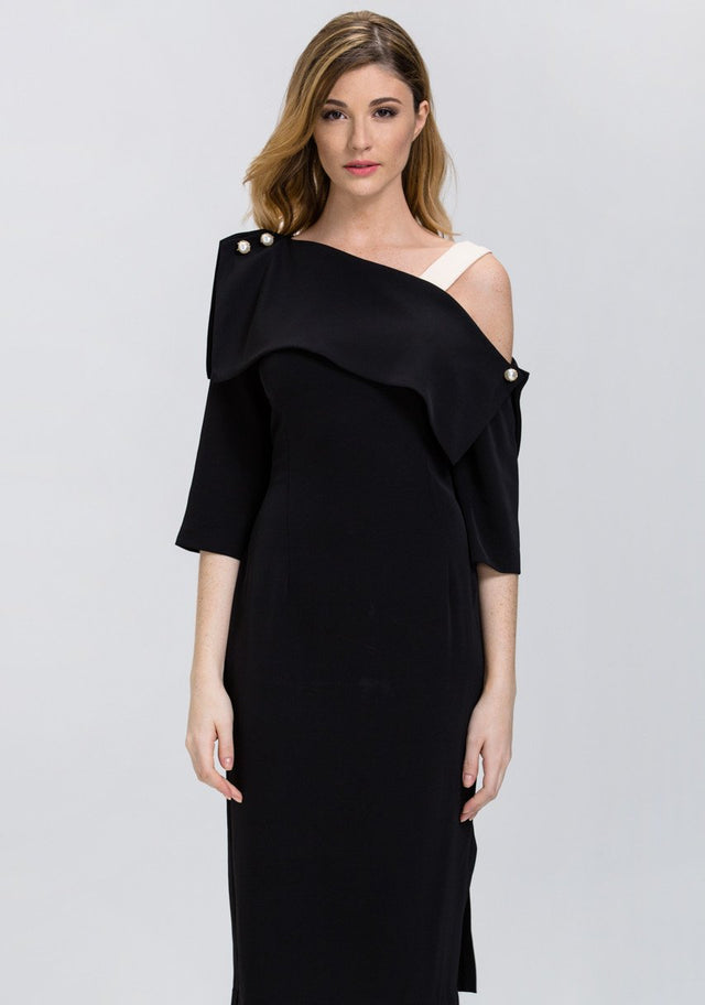 Black Asymmetric Pearl Pin Midi Dress