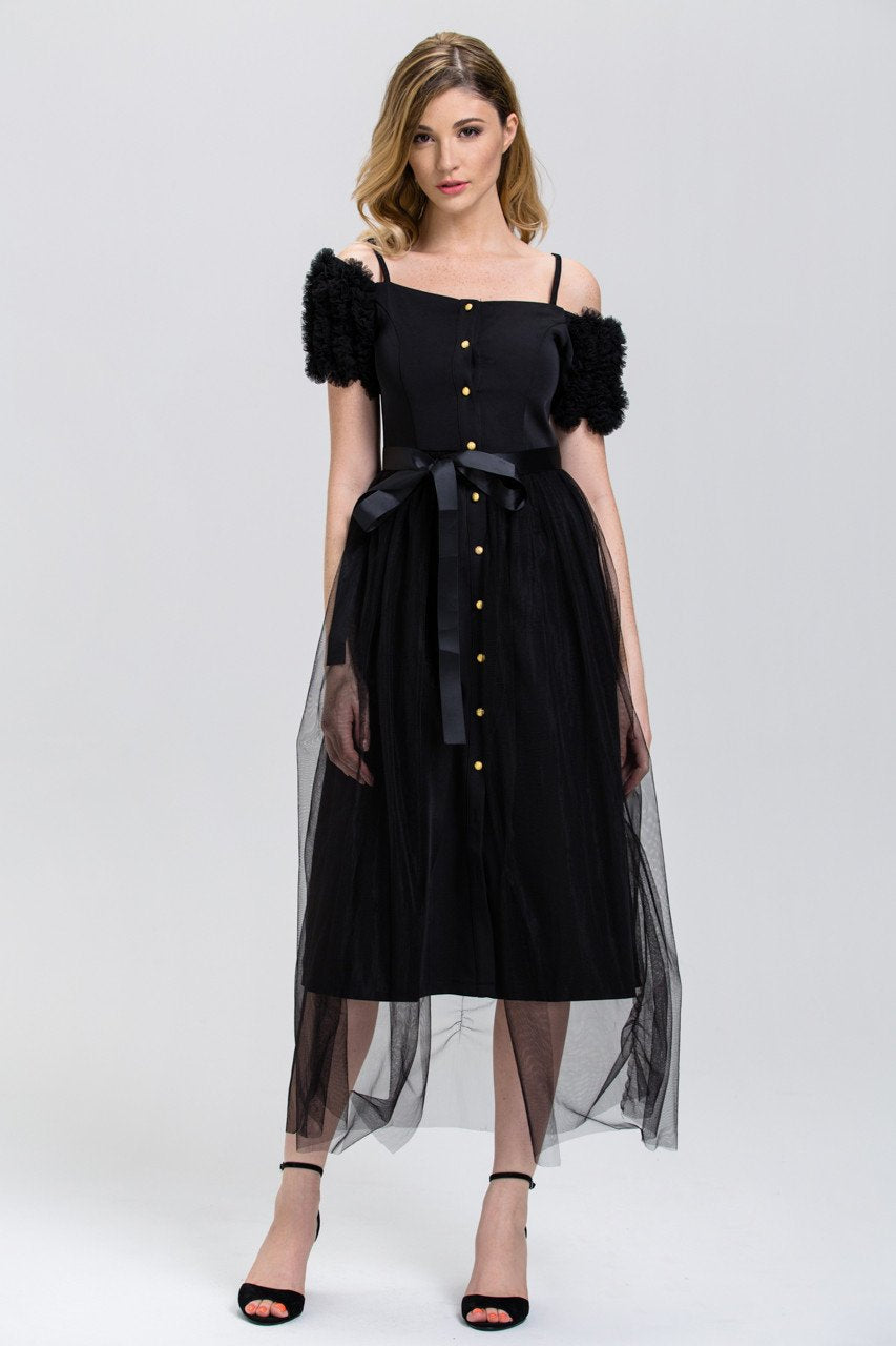 Black Button Up Soft Tulle Layer Midi Dress