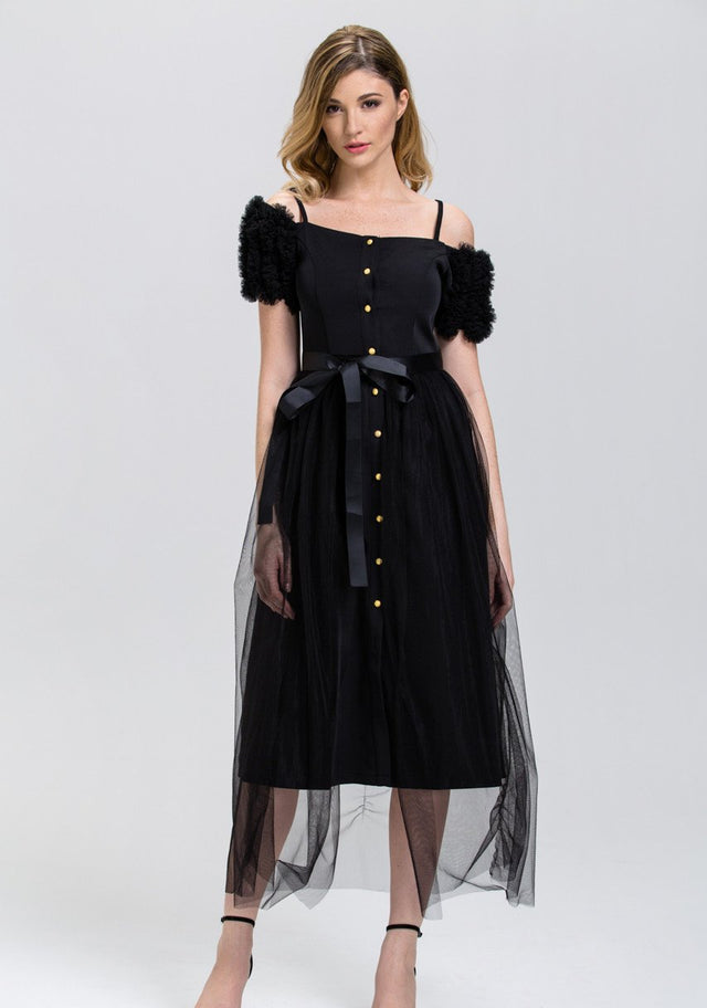 Black Button Up Soft Tulle Layer Midi Dress
