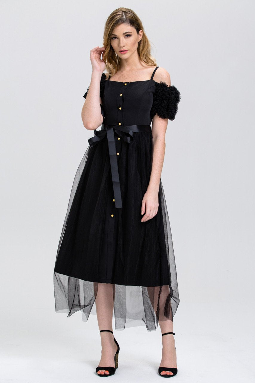Black Button Up Soft Tulle Layer Midi Dress