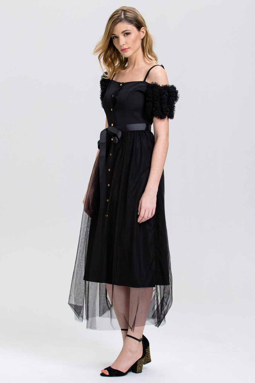 Black Button Up Soft Tulle Layer Midi Dress