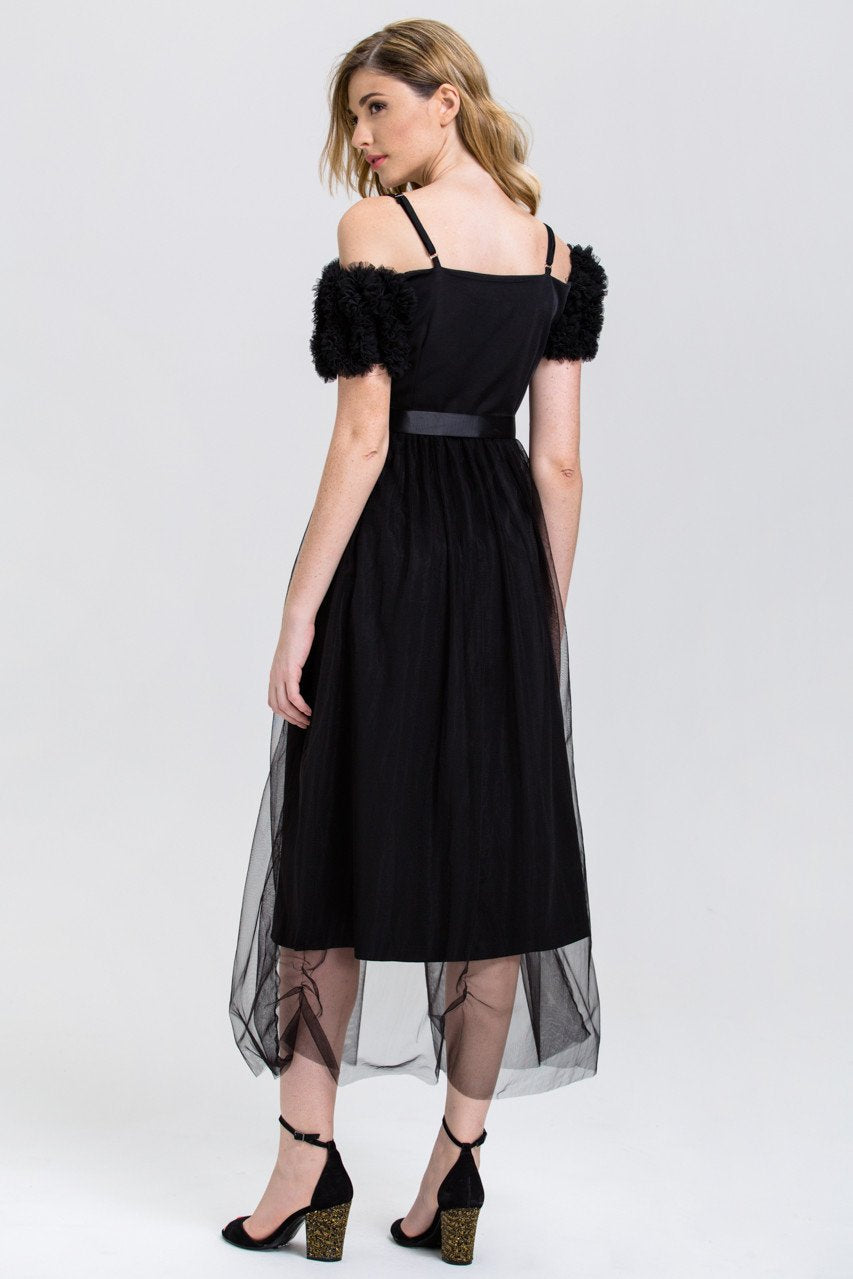 Black Button Up Soft Tulle Layer Midi Dress