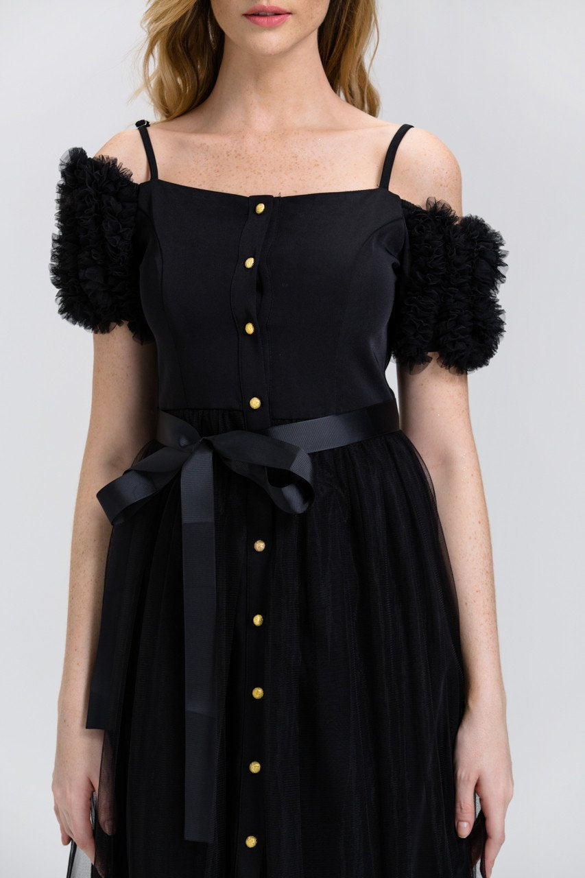 Black Button Up Soft Tulle Layer Midi Dress