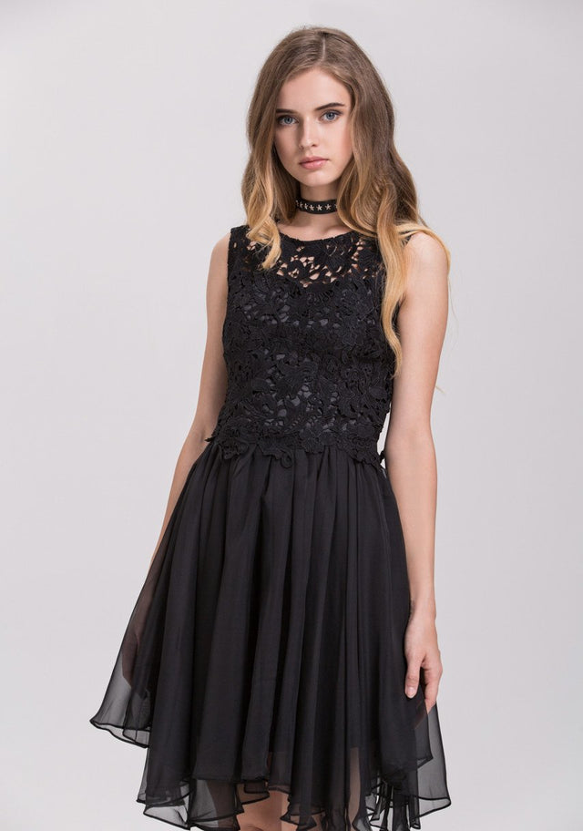 Black Embroidered Lace Chiffon Princess Mini Dress