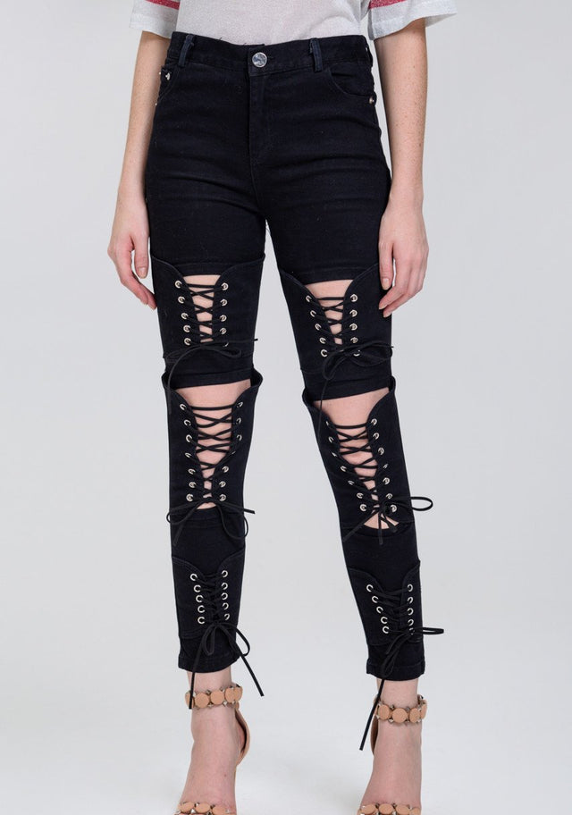 Black Lace Up Leg Skinny Jeans