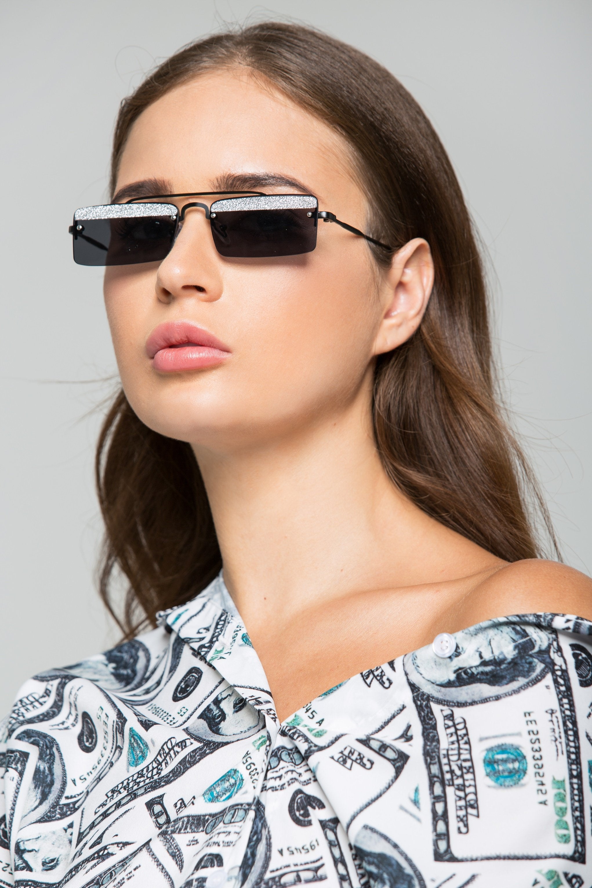 Black Lens Silver Shimmer Top Square Sunglasses