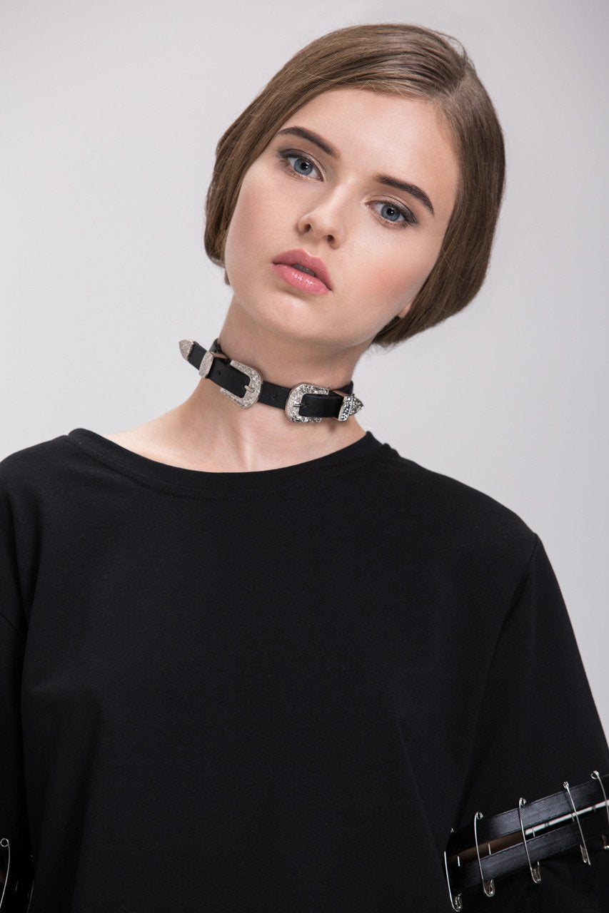 Black Over Sized Pin Shoulder Detail Top