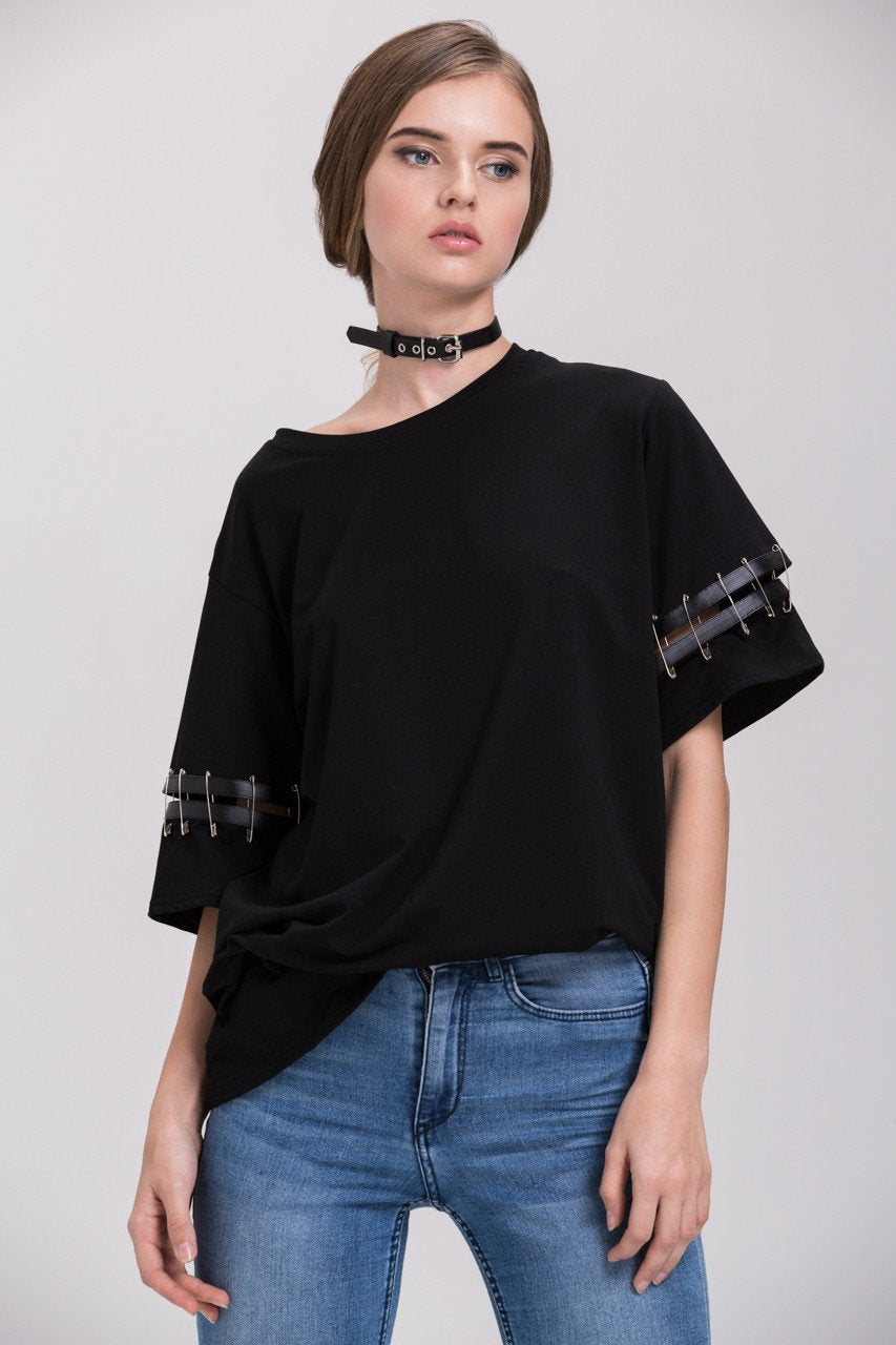 Black Over Sized Pin Shoulder Detail Top