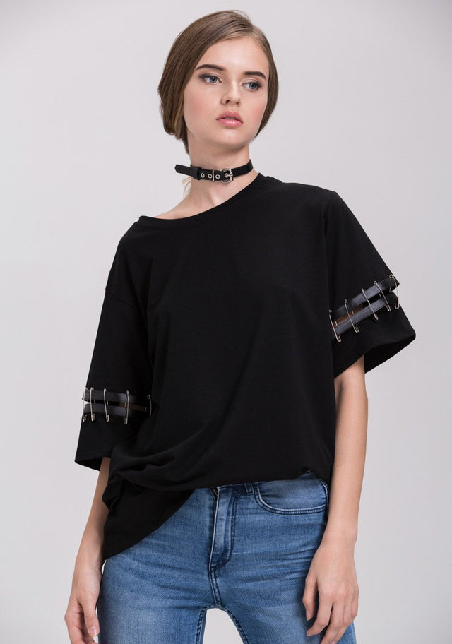 Black Over Sized Pin Shoulder Detail Top